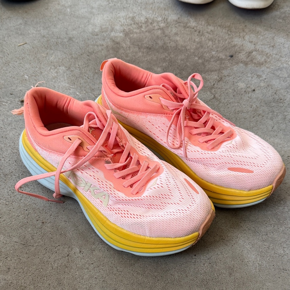 Hoka Women's Coral and Yellow Athletic Shoes